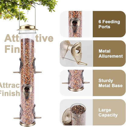 MIXXIDEA 1PK Metal Bird Feeders with 6 Feeding Ports,Tube Bird Feeder with Steel Hanger,Hard Plastic Wild Bird Feeder for Outdoors Hanging, Attracting Birds in Your Lawn, Garden, Balcony–Bronze