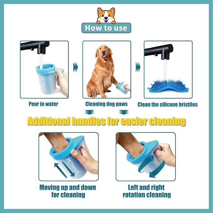 Dog Paw Washer with Handle, Absorbent Towels & Adjustable Bath Brush for Short and Long Hair, Muddy Pet Foot Cleaner (Blue, Large)
