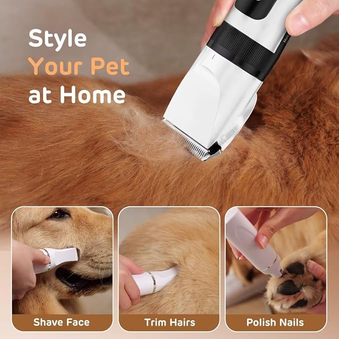 Dog Hair Clippers for Grooming Kit and Dog Paw Trimmer Nail Grinder for Grooming, Low Noise Rechargeable Cordless, Shaver Grooming Supplies for Pet Cats Dogs (White, White)
