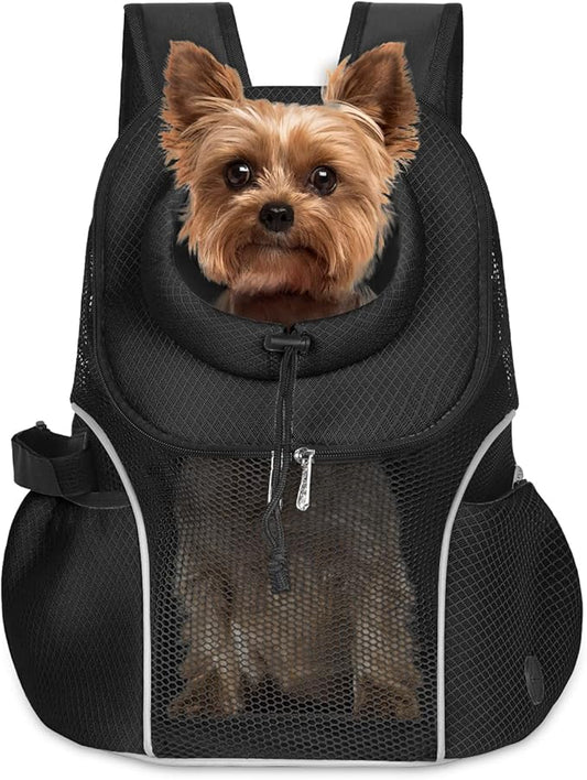 WOYYHO Pet Dog Carrier Backpack Small Dog Front Backpack Ventilated Mesh Dog Travel Back Pack with Safety Belt for Travel Hiking Cycling Outdoor Use (L (10-14 lbs), Black)