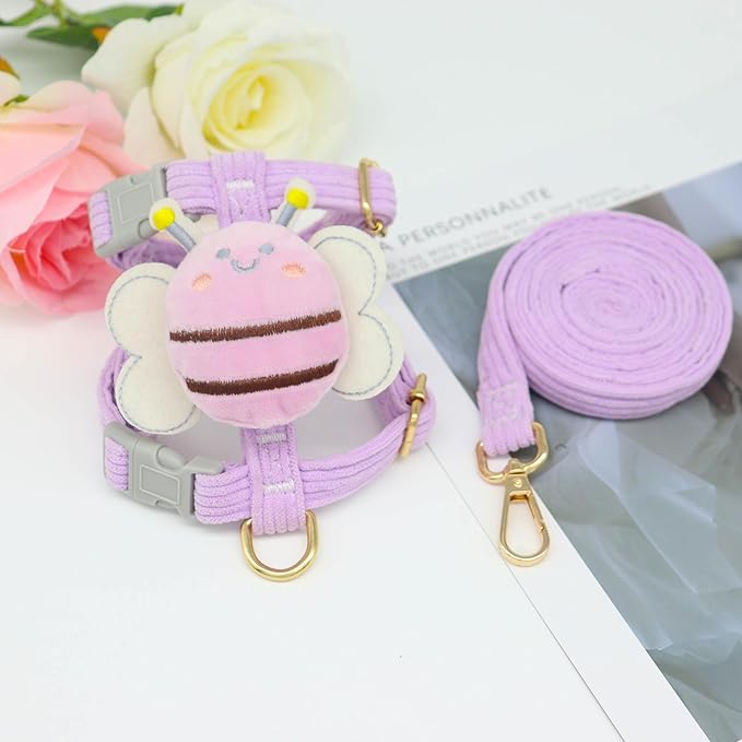 Dog Harness (Purple, Large) - Adjustable Pet Walking Training Harness with Matching Leash - Soft Corduroy Material - Cute Bee Design - Ideal for Everyday Use