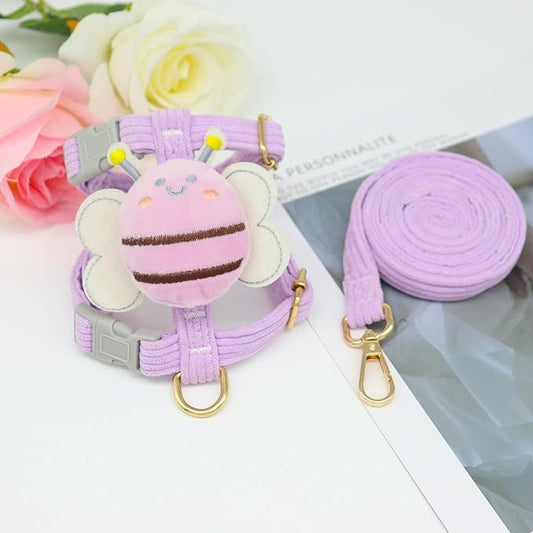 Dog Harness (Purple, Large) - Adjustable Pet Walking Training Harness with Matching Leash - Soft Corduroy Material - Cute Bee Design - Ideal for Everyday Use