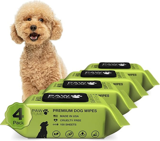 Pawfume Dog Wipes 4 x 100 Count, Pet Wipes  Hypoallergenic & Gentle Dog Wipes for Eyes, Face, Butt, and Paws  Cleaning & Deodorizing, Grooming Tear Stain Wipes for Puppy, Adult Dogs & Cats