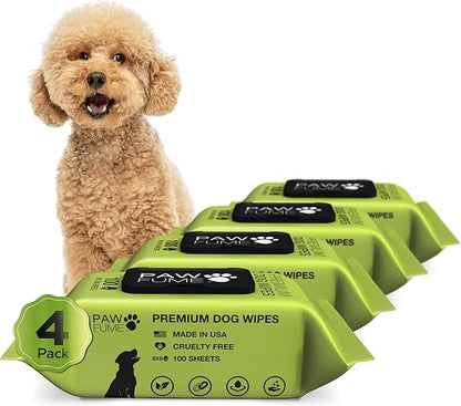 Pawfume Dog Wipes 4 x 100 Count, Pet Wipes  Hypoallergenic & Gentle Dog Wipes for Eyes, Face, Butt, and Paws  Cleaning & Deodorizing, Grooming Tear Stain Wipes for Puppy, Adult Dogs & Cats