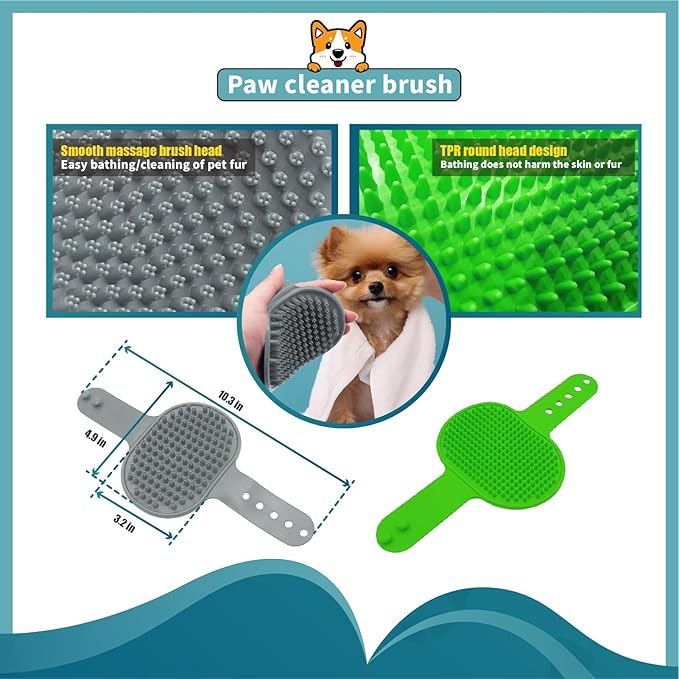 Dog Paw Cleaner Brush with Handle, Green, Large (for Medium Large Breed Dogs, Includes 2 Absorbent Towels & 2 Adjustable Dog Bath Brushes for Short and Long Hair Pet)