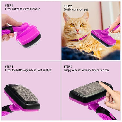 Self Cleaning Slicker Brush for Cat and Dog Coat - Detangler Dog Brush for Shedding & Grooming - Super Easy to Clean Deshedding Grooming Tool Removes Loose Pet Hair, Mats and Tangles (Pink)