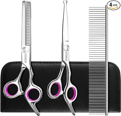 Dog Grooming Scissors - 3 in 1 Pet Grooming Shears Set, Curved Tips, Pink
