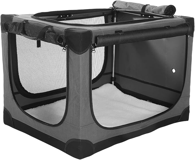36-Inch Collapsible Travel Dog Crate, Portable 4-Door Soft Kennel for Medium to Large Dogs, Chew-Proof Mesh Windows, Indoor/Outdoor Use, Foldable, with Storage Bag (Grey)