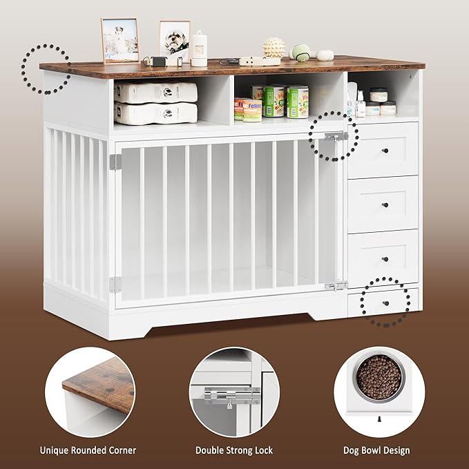 Dog Crate Furniture for Small Dogs, Wooden Dog Kennel Indoor with Storage Shelves, 3 Drawers & Hidden Bowl, Modern Pet Cage Side End Table, up to 120 lb, 48" L, Steel Lock, White