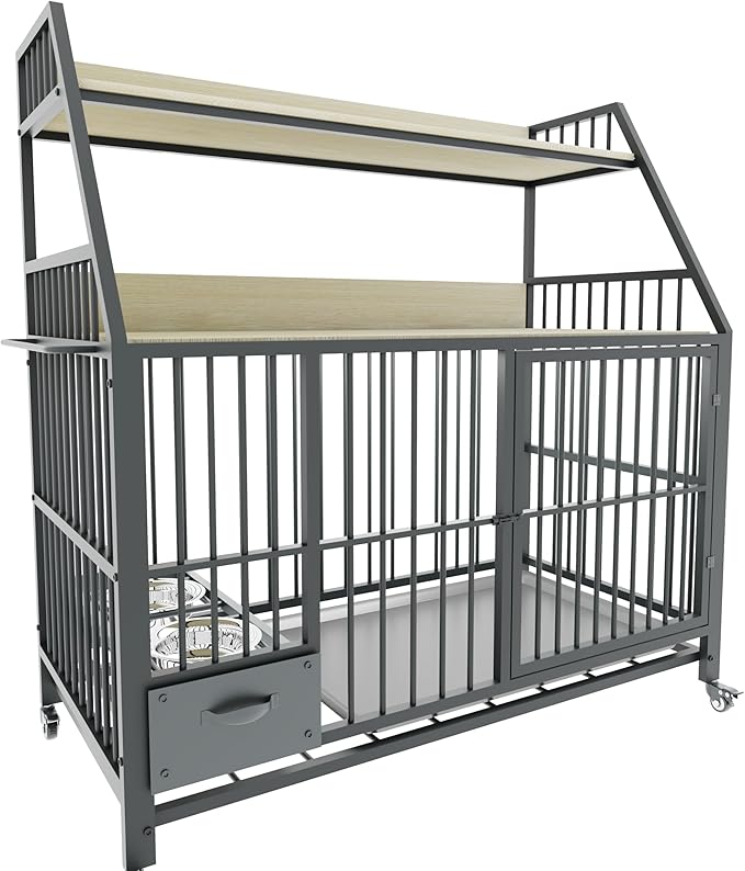 KEIKI 47 Inch Dog Crate Furniture for Large Medium Dogs, with Storage Shelves and Bowls, Indoor Dog Cage with 360° Caster Wheels & Flip-top Plate, Beige
