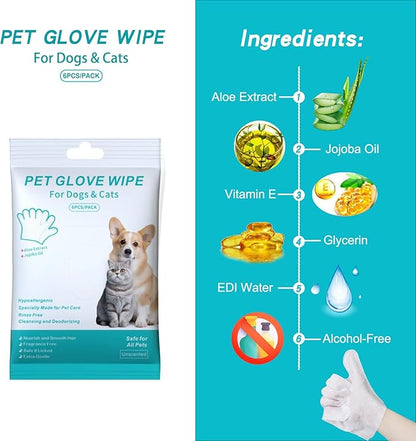 6PCS Cats & Dog Washing Gloves, Dog Wipes Cleaning Deodorizing Grooming Gloves, Rinse-Free Pet Wipes for Dogs & Cat Quick Cleaning after Outdoor Activities.