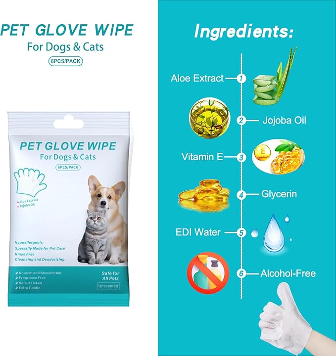 6PCS Cats & Dog Washing Gloves, Dog Wipes Cleaning Deodorizing Grooming Gloves, Rinse-Free Pet Wipes for Dogs & Cat Quick Cleaning after Outdoor Activities.