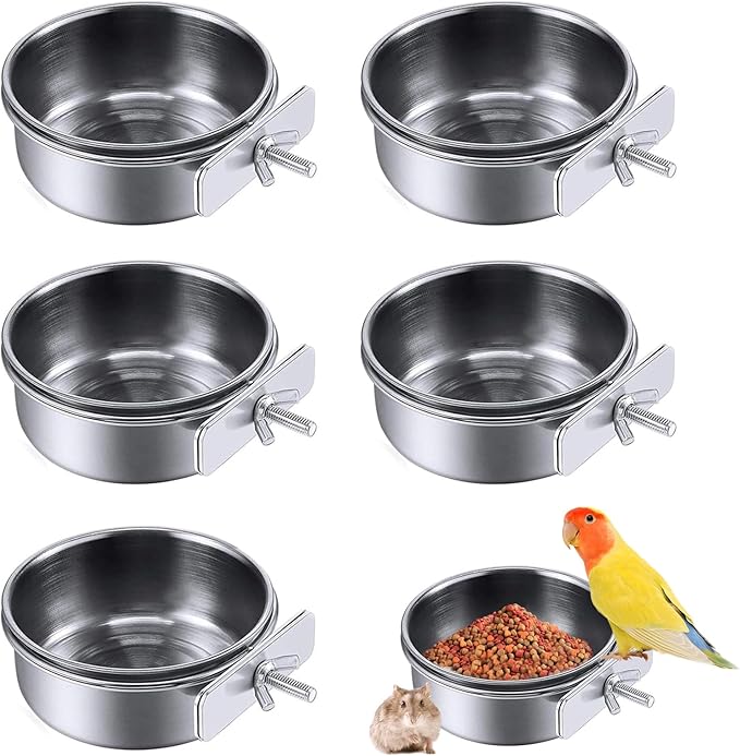 PINVNBY Parrot Feeding Cups Birds Food Dish Stainless Steel Parrot Feeders Water Cage Bowls with Clamp Holder for Cockatiel Conure Budgies Parakeet Parrot Macaw Small Animal Chinchilla Pack of 6
