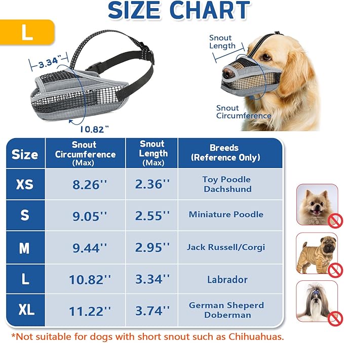 Dog Muzzle for Large Medium Small Dogs, Soft Mesh Muzzle for Dogs with Reflective Adjustable Strap, Prevent Biting Chewing and Licking, Dog Nose Open Design for Reduction Friction (Grey, L)