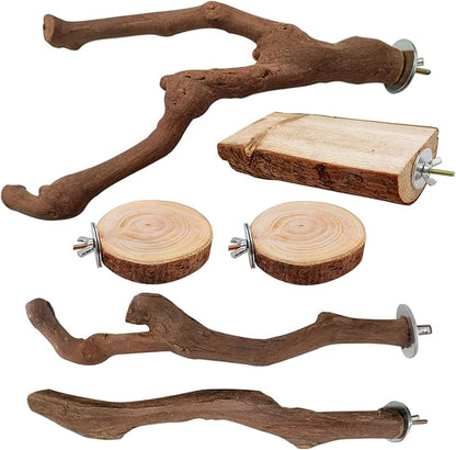 6PCS Bird Perches Natural Parrot Perch Stand for Cage, Grape Wood Stands, Bird Platforms, Parakeets Paw Grinding Fork Exercise Toys Set for Cockatiels, Conure, Parrot