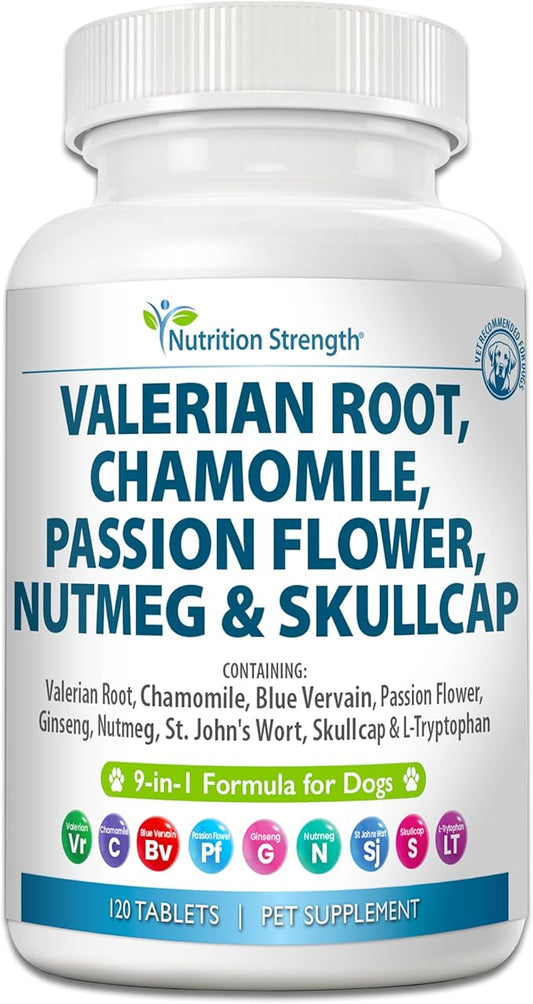 9-in-1 Valerian Root for Dogs 200mg Chamomile 160mg Blue Vervain 90mg Passion Flower 80mg Ginseng 60mg Nutmeg 55mg St John's Wort 50mg Skullcap L-Tryptophan for Dogs 120 Tablets