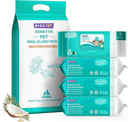 HICC PET Wipes for Dogs & Cats, Cleansing Deodorizing & Soothing Allergy Infections Anal Gland Pets Wipes with Coconut Oil - Dog Grooming Wipes for Butt and Paw - Hypoallergenic & Vet Recommended