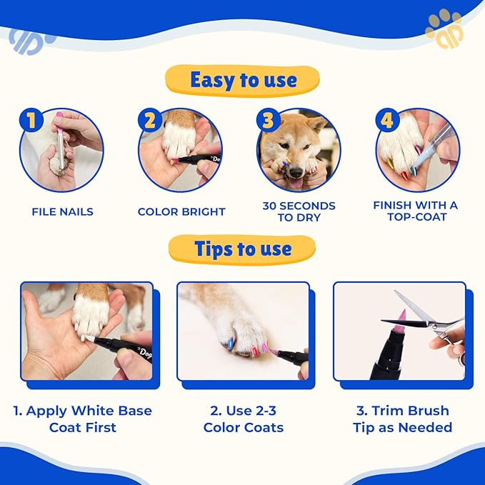 Dog Nail Polish Pens Quick-Dry Set  8 Metallic & Matte Colors Pawlish Pens, 1 Nail File with 1 Top Coat Pen  Non-Toxic, Easy to Apply, Pet-Safe Accessories for Small & Large Puppies & Cats