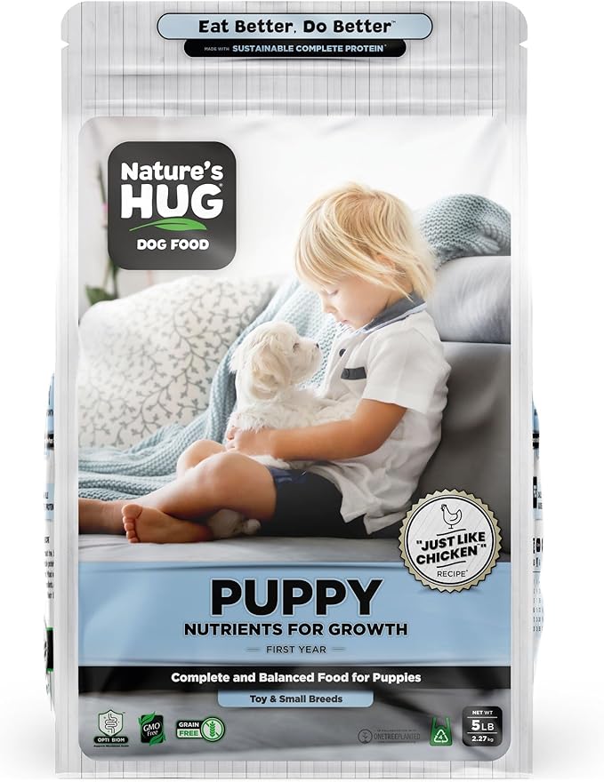Nature's HUG Vegan Dry Dog Food for Puppies & Small Breeds, 5 lb. Bag, Chicken Flavor Plant-Based Protein Vegetarian Kibble, Grain-Free, Allergen-Free, Complete Protein & Balanced Nutrition