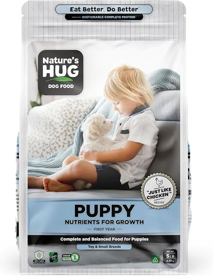 Nature's HUG Vegan Dry Dog Food for Puppies & Small Breeds, 5 lb. Bag, Chicken Flavor Plant-Based Protein Vegetarian Kibble, Grain-Free, Allergen-Free, Complete Protein & Balanced Nutrition