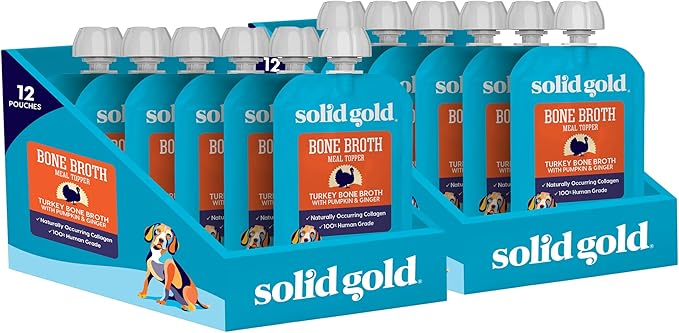 Solid Gold Turkey Bone Broth for Dogs - Grain Free Dog Food Topper Rich in Collagen and Superfoods - Nutrient Dense Dog Gravy Topper for Dry Food - Promotes Gut Health and Hydration - 12 Pack