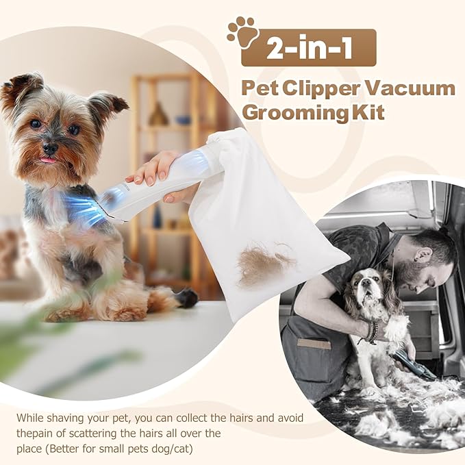 2-in-1 Dog Clipper, Dog Grooming Kit, Low Noise Rechargeable Cordless Trimmer Cat Clipper, Vacuum, Professional Electric Hair Trimmer with Comb Guides & Scissors Waterproof