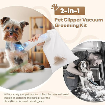 2-in-1 Dog Clipper, Dog Grooming Kit, Low Noise Rechargeable Cordless Trimmer Cat Clipper, Vacuum, Professional Electric Hair Trimmer with Comb Guides & Scissors Waterproof