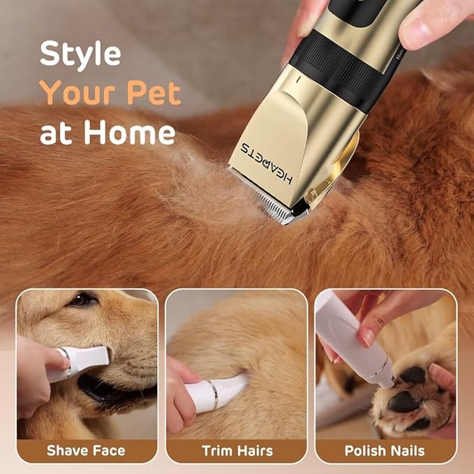 Dog Hair Clippers for Grooming Kit and Dog Paw Trimmer Nail Grinder for Grooming, Low Noise Rechargeable Cordless, Shaver Grooming Supplies for Pet Cats Dogs (Gold, White)