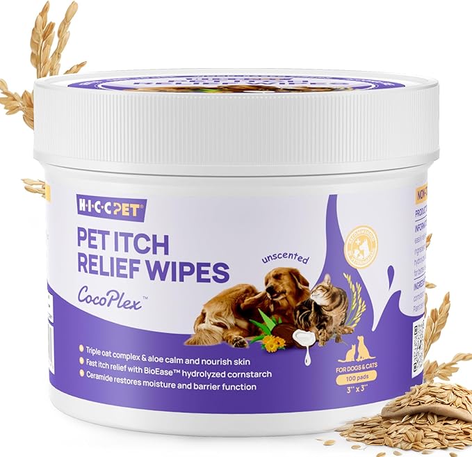 HICC PET Itch Relief Wipes for Dogs & Cats, Soothes Hot Spots, Skin Irritations and Scratching, Hypoallergenic - 100 Count