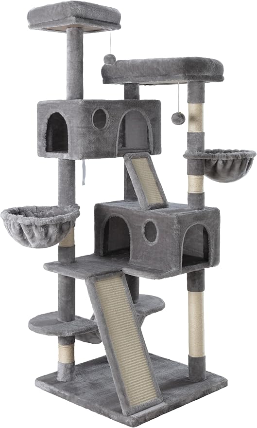 MUTICOR 66 Inches Multi-Level Large Cat Tree Tower for Indoor Big Feline/Cozy Plush Perches/Condo/Sisal Scratching Posts/Hammock and Baskets/Activity Center Play House/Wide Base/Grey