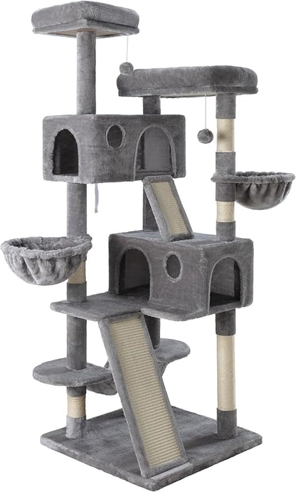 MUTICOR 66 Inches Multi-Level Large Cat Tree Tower for Indoor Big Feline/Cozy Plush Perches/Condo/Sisal Scratching Posts/Hammock and Baskets/Activity Center Play House/Wide Base/Grey