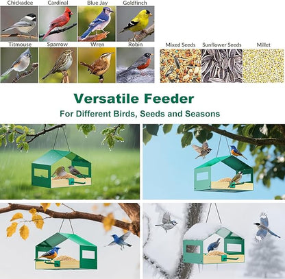 FANHAO Metal Bird Feeder for Outdoors Hanging, Wild Bird Feeder House with Rust-Resistant Mesh, Hanging Platform Bird House Feeder for Attracting Birds, Weatherproof, Easy to Clean & Refill