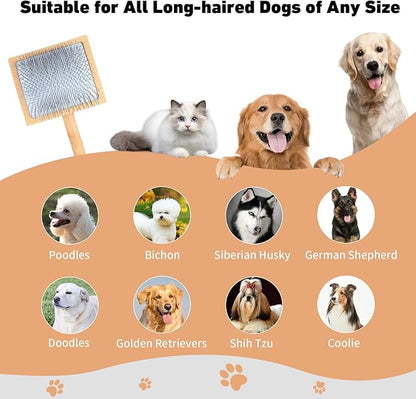 Dog Slicker Brush for Shedding and Grooming Medium or Long Haired Cats, Extra Long & Soft Pin Slicker Brush for Removes Loose Hair, Tangles, Knots, Undercoat, Free Pet Comb, Large, Clear