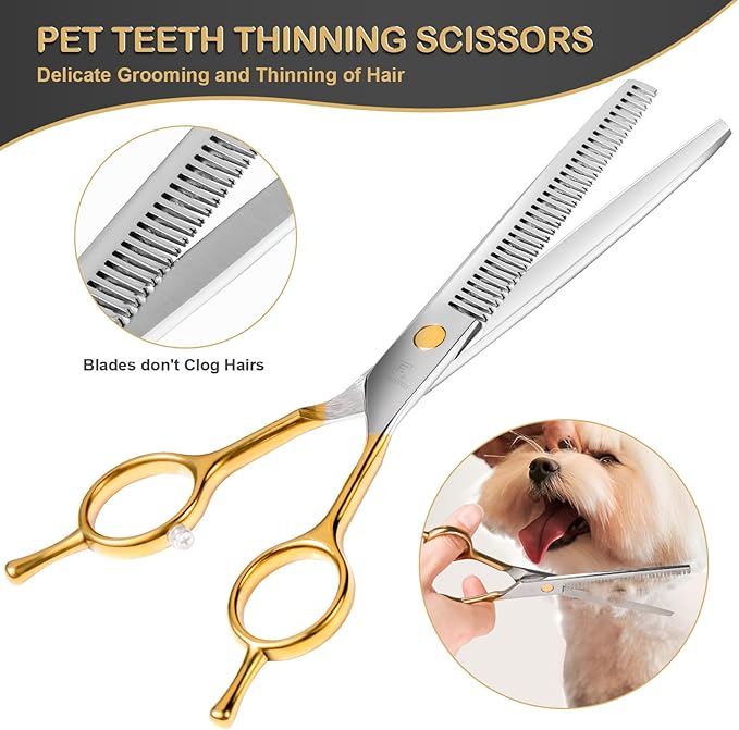 6 in 1 Dog Grooming Scissors Set - Durable Stainless Steel Golden Dog Grooming Shears Curved, Thinning & Straight - Poodle Grooming Kit Dog Groomer Gifts with Safe Tips for Home DIY/Professional Use