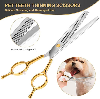 6 in 1 Dog Grooming Scissors Set - Durable Stainless Steel Golden Dog Grooming Shears Curved, Thinning & Straight - Poodle Grooming Kit Dog Groomer Gifts with Safe Tips for Home DIY/Professional Use