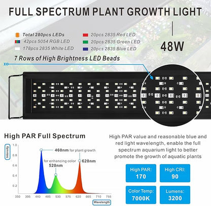 Advanced 7-Row LED Aquarium Light, Easy Setup Controller, Auto On Off Full Spectrum Fish Tank Light, 24/7 Lighting Cycle, 8 Colors, 10 Level Dimming, 48W for 36"-42" Freshwater Planted Tank