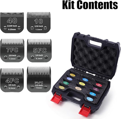6 Packs Detachable Dog Grooming Steel Blades with Blade case Holder,Compatible with Andis,Oster A5,Wahl KM-10 Series,Cutting Length 1/100" to 1/2"(10+40+7FC+5FC+4FC+3-3/4FC-black)