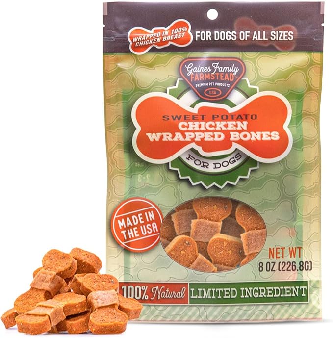 Gaines Family Farmstead Sweet Potato Chicken Wrapped Dog Bones, All Natural, Grain Free, Dog Treats for All Ages & Breeds, Great for Training and Rewards, Made in USA, 8 Ounce Bag