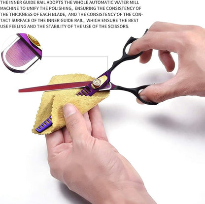 Dream Reach 7.0 inches Professional Decompressed Elastic Handle Pet Grooming Scissors Set,Straight & Chunker & 2 Curved Scissors 4pcs Set for Dog Grooming (Purple) (4PSC Set)