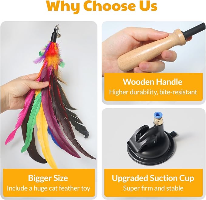 4-in-1 Interactive Cat Toys Set with 12 Pcs Replacements for Indoor Cats (Includes 1 Huge Feather)- Cat Fishing Pole Toy with Wooden Handle, Enhanced Suction Cup, Hanging Door Kitten Toys