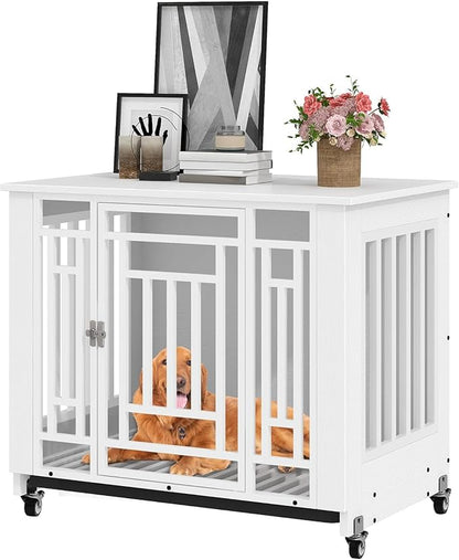 YITAHOME Dog Crate Furniture, 31.9" Heavy Duty Dog Cage, Wooden Side End Table with Wheels, Chew-Resistant Metal Dog Kennel with Removable Tray, Dog House Indoor for Small Medium Dogs, White
