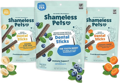 Shameless Pets Dental Treats for Dogs, Variety (3-Pack) - Healthy Teeth Cleaning Sticks for Fresh Breath - Dog Bones Dental Chews Free from Grain, Corn & Soy