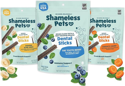 Shameless Pets Dental Treats for Dogs, Variety (3-Pack) - Healthy Teeth Cleaning Sticks for Fresh Breath - Dog Bones Dental Chews Free from Grain, Corn & Soy