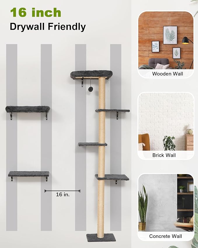 FUKUMARU Cat Wall Shelves, Stable 3-in-1 Wall Mounted Tree Set, Wooden Cats Furniture with Scratching Post, Space Saving Climbing Wall for 16 Inch Drywall - Gray