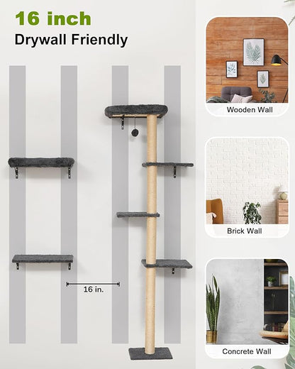 FUKUMARU Cat Wall Shelves, Stable 3-in-1 Wall Mounted Tree Set, Wooden Cats Furniture with Scratching Post, Space Saving Climbing Wall for 16 Inch Drywall - Gray