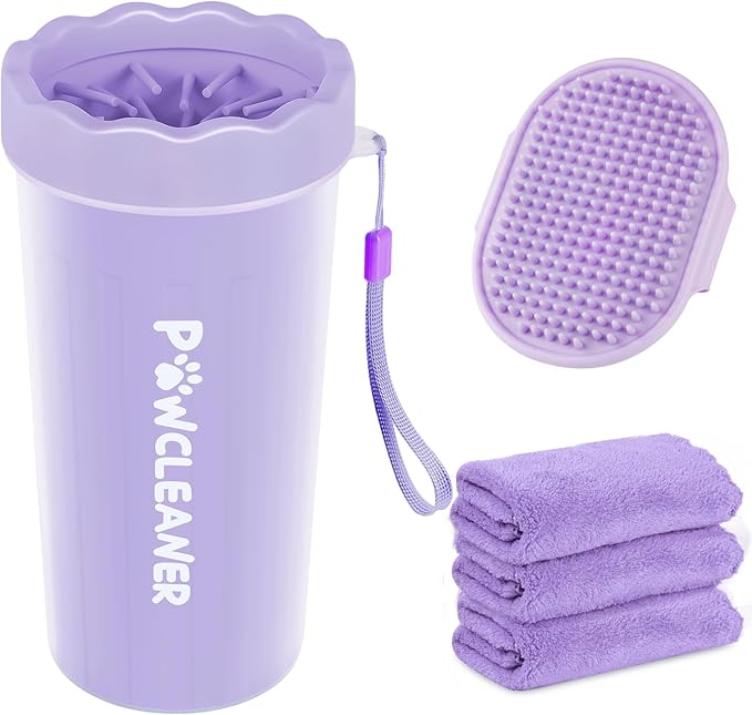 Dog Paw Cleaner for Dogs, (with 3Pcs Absorbent Towels & Adjustable Bath Brush) Dog Paw Washer,Pet Foot Cleaner (Purple, Large)