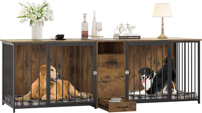DWVO 95in Double Crate Furniture With Feeder Bowls, Wooden Large Kennel With Storage Drawer, Indoor TV Cabinet for 2 Large/Medium Dogs, Brown