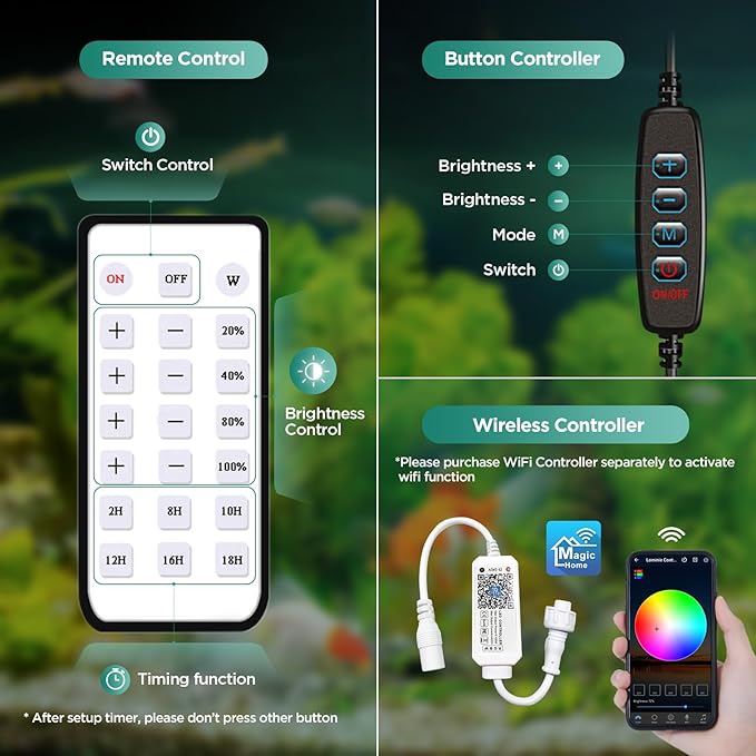 Lominie LED Aquarium Light, Planted Tank Light 4 Channels Remote Control 6500K Aquarium LED Lamp for Freshwater Fish Tank Refugium with Gooseneck (A20 Freshwater)