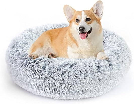 NOYAL Calming Donut Dog Bed for Small to Medium Dogs & Cats - Plush Faux Fur Anti-Anxiety Pet Bed with Machine Washable Cover & Non-Slip Base