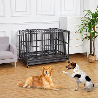 48  Heavy Duty Dog Crate, Cage Kennel with Wheels&Brakes, High Anxiety Indestructible, Sturdy Locks Design, Double Door and Removable Tray, for Large Pets